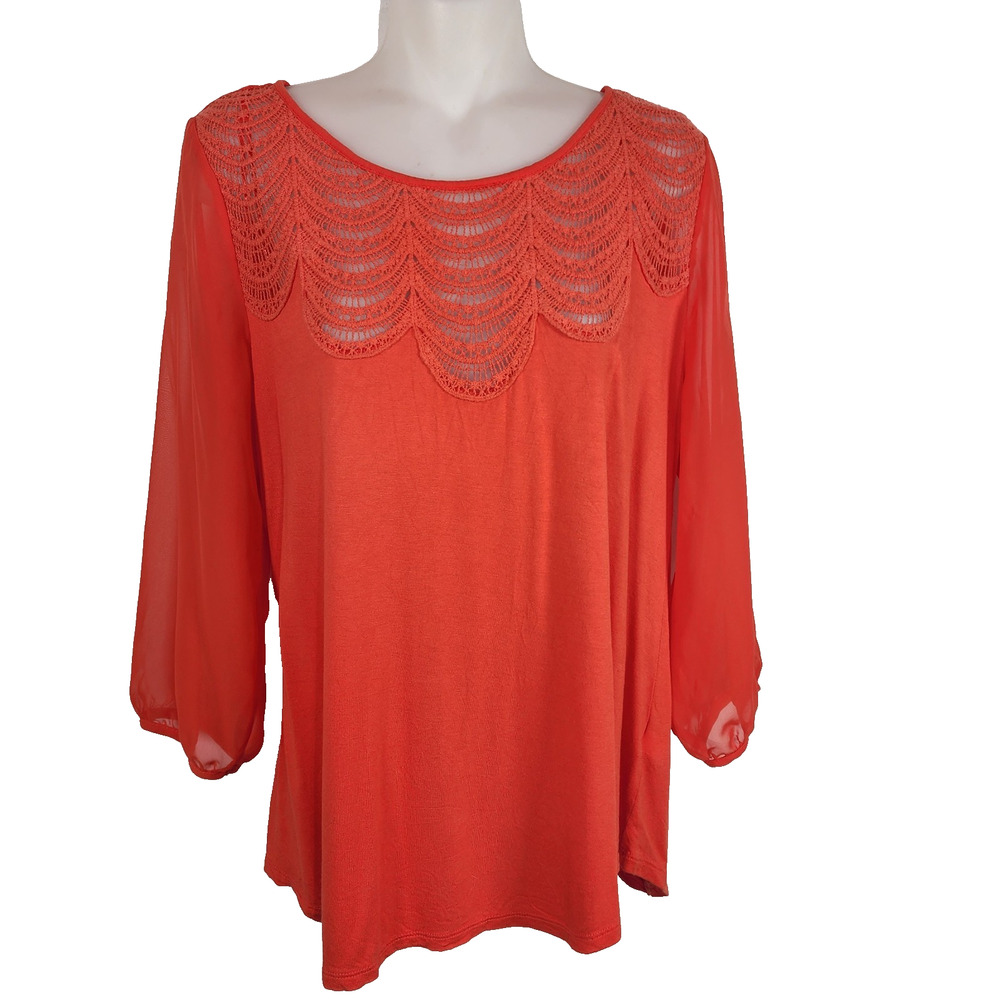 Lauren Conrad Woven Knit Mixed Cuttout Coral Red Peasant Boho Crochet L Whimsy